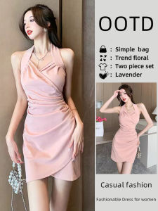 เซ็กซี่ คล้องคอ แขนกุด Ruched เดรสรัดรูป เดรส กระโปรงสั้น หญิง ฤดูร้อน แฟชั่นเปลือย ดีไซน์ ไม่สม่ําเสมอ พลีท ชุดราตรี