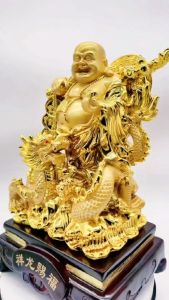 Jasongo123 Laughing Buddha Statue Feng Shui Resin Fortune Feng Shui Golden Buddha With Dragon Prosperity Decor