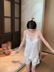 Summer New Ice Silk Cool Pajamas Thin Lace Special Soft Silk Suspender Shorts Pyjamas Breathable Set Home Wear Women with Chest Cushion