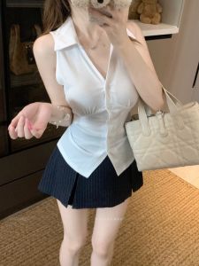 GUZILIAN | Áo vest không tay cổ polo màu trắng cho nữ mùa hè thiết kế đơn giản một nút cài bên trong Pure Desire eo nhỏ áo bó bên trong áo khoác ngoài