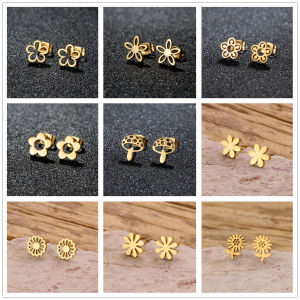 Golden Dainty Flower Plant Earrings For Women Stainless Steel Ear Piercing Stud Earrings Trending Jewelry Gift For Party Wedding