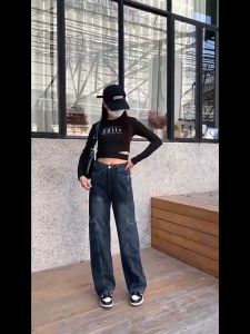 YODO กางเกงคาร์โก้สีฟ้าอมเทา ทรงกระบอกตรงลำลองทรงหลวมเอวสูง วิเทจแฟชั่น BV111