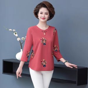 Áo Thun Cổ Tròn Tay Thường Họa Tiết Hoa Phong Cách Dân Tộc Cho Phụ Nữ Trung Niên Mùa Xuân Hè Thường Ngày Thoải Mái Rộng Rãi
