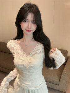 GUZILIAN | เสื้อชั้นในลูกไม้คอวีแขนยาวผู้หญิงฤดูใบไม้ร่วง/ฤดูหนาว เสื้อชั้นในเซ็กซี่หรูหรา ทรงเข้ารูป สไตล์เกาหลี เสื้อชั้นในลายดอกไม้