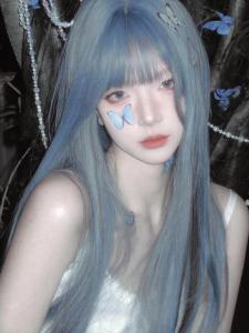 Wig Female Long Hair Glacier Blue Natural Simulation Full-Head Wig Style Air Bangs Long Straight Hair White JK Wig Sheath