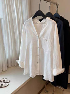 Loose Casual Linen Silk Loose- Fits V-neck Women White Sunshine Protection Shirts Summer Slimming Effect Long Sleeve Officewear