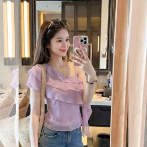 PAIBOLI | Stylish Whitening Elegant Slim Fit Tank Top Large Size French Design Shoulder Ruffle Sleeveless Shirt