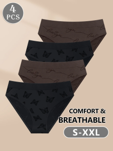 4pcs WomenS Butterfly-Shaped Underwear - Soft Breathable High-Waisted Briefs with "Love" Script & Heart Patterns S-XXL Size