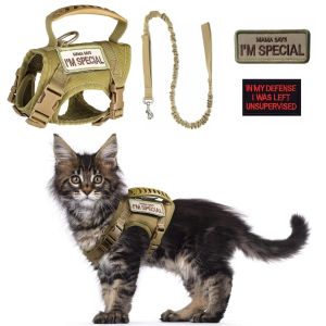 Teekland Tactical Cat Harness for Walking Escape Proof with Leash Soft Mesh Adjustable Pet Vest Harness for Large Cat Small Dog Khaki