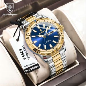 POEDAGAR นาฬิกาข้อมือควอทซ์นาฬิกาผู้ชายสแตนเลสสตีลผู้ชายทหารนาฬิกาข้อมือสำหรับผู้ชายสัปดาห์วันที่นาฬิกากันน้ำหรู