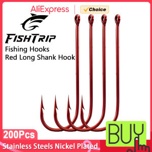 FishTrip Red Long Shank Hooks 200pcs Barbed Sea Fishing Hook High Carbon Steel Carp Jig Worm Hook Freshwate