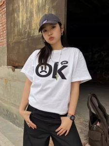 ฤดูร้อน OK Laugh Face Design เสื้อยืดผู้หญิงหลวม Fit Slimming สไตล์ผ้าฝ้ายสีขาว Workwear แขนสั้น Crewneck Retro เสื้อ