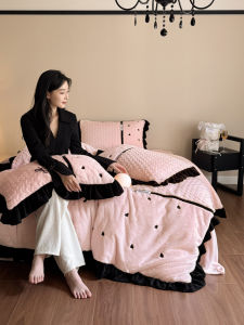 INS Princess Style Bunny Cashmere Four-Piece Set K-style Milk Fiber Quilt Cover Coral Fleece Bed Sheet Fancy Bedding
