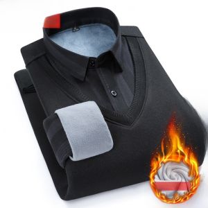 HENGYUANXIANG | เสื้อสเวตเตอร์คอโปโลชายบุขนแกะหนาลายทาง ทรงหลวม แขนยาว ทรงหลวม แฟชั่นฤดูหนาว สำหรับเยาวชน