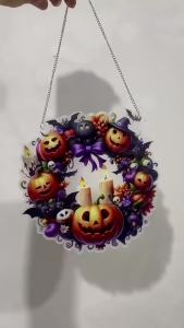 【H】Stained Glass Halloween Pumpkin Suncatcher Cute Ghost Design For Halloween Party Window Hanging Decor