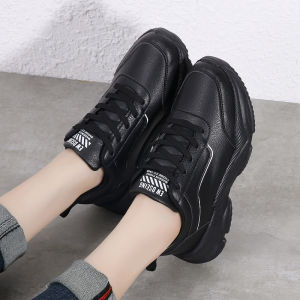 Fall Brand Womens Shoes Black Leather Surface Waterproof Thick Bottom Dad Shoes Lightweight Soft Bottom Casual Travel Shoes Anti-slip Wear-resistant