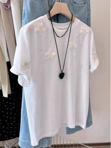 น่าทึ่ง เสื้อยืดแขนสั้นปักมุก ผู้หญิง หลวม Fit ฤดูร้อน เสื้อท่อนบน สําหรับ พลัสไซส์ ทันสมัย ลำลอง สวมใส่