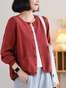 Spring Fashion round Neck Pure Cotton Knitted Sweater Womens Open Cardigan Top Long Sleeve Short Loose Thin Outerwear