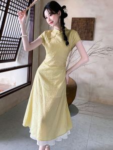 ชุดกี่เพ้าจีนใหม่สไตล์ย้อนยุคสำหรับผู้หญิง ฤดูร้อน 2025 ชุดเดรสยาวแขนสั้นผ้าโพลีเอสเตอร์ ชุดกี่เพ้าจีนใหม่สำหรับผู้หญิงที่สวมใส่สบาย
