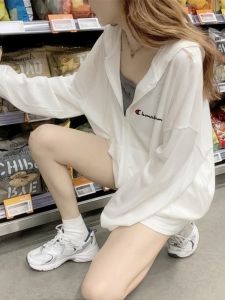 Cute Champion White Long Sleeve UV Protection Clothes Women Summer Lightweight Loose Open Cardigan Hooded Thin Outerwear