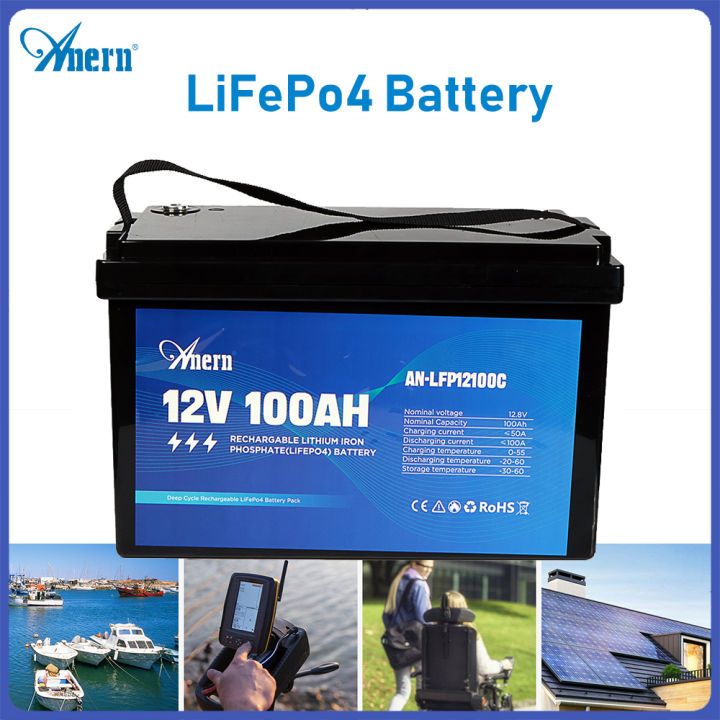 Anern Battery 12.8V 100Ah แบตเตอรี่ Lifepo4 แบตเตอรี่ลิเธียมแสงอาทิตย์ในตัว BMS วงจรลึก 4000 + แบตเตอรี่ชาร์จไฟได้