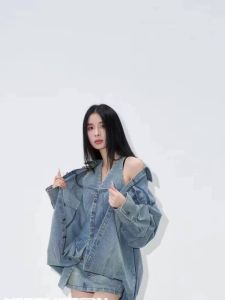 South Korea Dongdaemun Denim Suit Womens Autumn Stylish Fake Two-Piece Long Sleeves Outwear Slim Skirt Two-piece Set