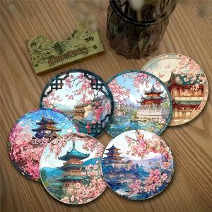 Japanese Cherry Blossom & Scenic Landmark 2D Wooden Coasters Set for Tea Coffee Beverages Home Decor Housewarming Gift