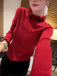 Slim Fit Long Sleeve Knitted Base Shirt Womens Fashion Design Wood Grain Edge 2025 Autumn New Korean Style Versatile Top