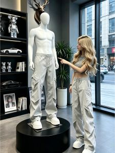ZHUOCAN | White Gray Nylon Quick Dry Lightweight Pleated Paratrooper Style Loose Straight Cut Icy Silk Work Pants