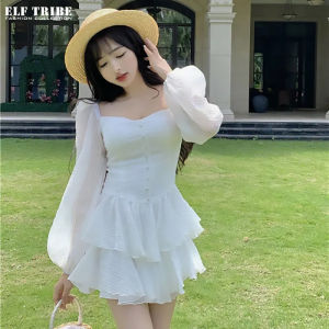 ELF TRIBE Chiffon Dress For Women French Puff Sleeves Ruffle Corset Layer Cake Dresses