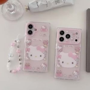 Sanrio | Cute Cartoon Pink Sanrio HelloKitty Phone Case For iphone 17 16 15 Pro Max Matte Square Shockproof Bumper Phone Cover With Chain