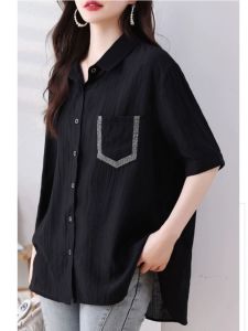 September Moori Black High-End Feel Ladies Shirt Mid-Waist Regular Sleeve Summer New Loose Large Size Belly Covering Top