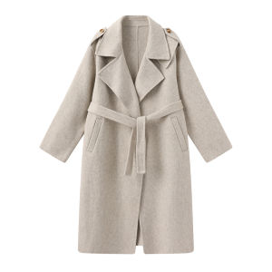 CUBIC Spring Day Wool Blend Coat with Belt Waist Cinching Large Collar Design Long Sleeve Mid-Length Womens Woolen Coat