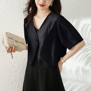 Womens Casual Short Sleeve Blouse V-Neck Lantern Sleeve Pure Color Commute Style Outerwear Cardigan Spring Summer Fashion