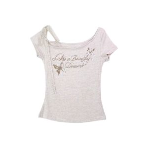 YUEZHONGWEI | Áo thun tay ngắn ôm vừa vặn phong cách retro Mỹ dành cho nữ mùa hè thiết kế hở vai gợi cảm ngắn dáng thường xuyên