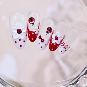 1Pcs 5D Embossed Ladybug Flower Nail Stickers Red Beetle White Floral Adhesive Nails Decals for Spring Summer Manicure Decor nk