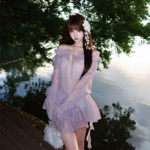 Sweet Purple One-Shoulder Dress Slim Fit Waist-Cinching Short Skirt Summer Fashion Gentle Style Long Sleeve Womens Dress