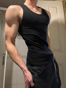 Black Fitness Ribbed Vest Mens Summer Elastic Slim Fit Sleeveless Tt American Sport Underwear Base Layer round Neck Sweat Vest