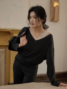 New Chinese Style Set Womens Lace Shoulder Casual Straight Leg Pants Two-Piece Suit Long Sleeve V-Neck Long Pants Autumn Fashion