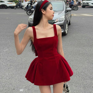AOMR Princess Birthday Velvet Skirt Design Backless Butterfly Knot Waist Cinched Halter Dress French Style Gathered High Waist A-Line Skirt Summer Dress