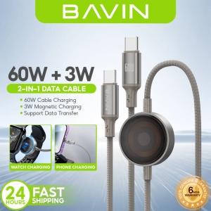 BAVIN CB405 60W 2-in-1 Magnetic Fast Charging Cable 1m w/ 3W Smartwatch Charger & Data Transfer for Android & iPh