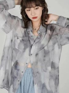 Áo Sơ Mi Voan Mỏng Mùa Hè 2023 Cho Nữ Áo Sơ Mi Chống Nắng Dáng Rộng in Họa Tiết Sơn Mài Áo Sơ Mi Cổ Polo Tay Dài Thường