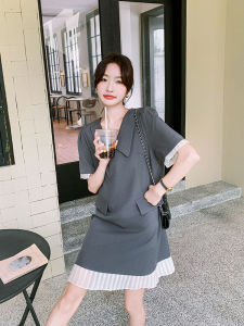 Gray Simple Elegant Womens Summer Shirt Dress Korean Style Powerful Presence Pleated Shirt Dress Casual Splice Loose Waist Polyester Fiber