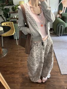 Sweet Cool Spicy American Style Leopard Print High Waist Loose Wide Leg Floor Length Pants Womens Denim Jeans Spring Autumn