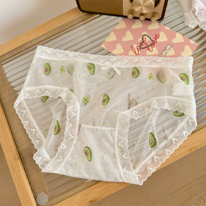 กางเกงชั้นในผ้าตาข่ายคอตตอนบางสไตล์หวานสำหรับผู้หญิง กางเกงชั้นในสามเหลี่ยมเอวกลาง ขอบลูกไม้ ระบายอากาศได้ดี ผ้าโพลีเอสเตอร์