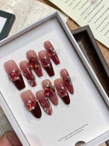 Elegant Red Wine Color Ice Transparent Cat Eye Pearl Large Diamond Luxury Long Nails White Enhancing High-End Feel New Year Nail Art