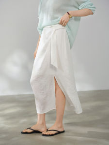 Elegant White Linen Tencel Skirt With Tie And Slit For Petite Women