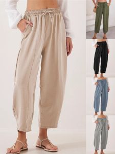 Casual Drawstring Pocket High Waist Straight Leg Pants High Waist Polyester Fiber Pure Color Autumn Season Ladies Trousers