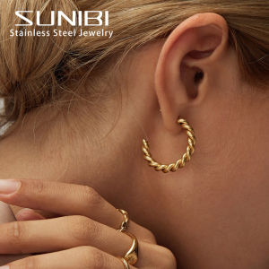 Vintage Stainless Steel Hoop Earrings for Women Spiral Twist Trendy Gold Color Earrings