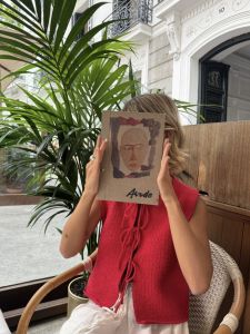 Zhaolin Red Knit Tank Top with Butterfly Knot French Style Unique and Chic Sleeveless Thin Summer Womens Wear